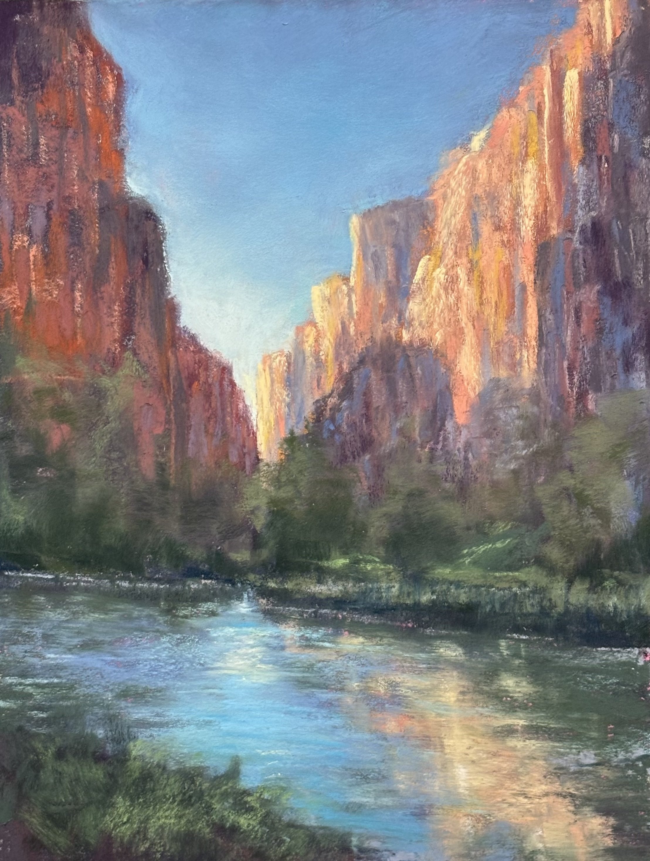 A landscape painting of a canyon with tall, colorful cliffs on either side and a river flowing through the middle, under a clear blue sky.