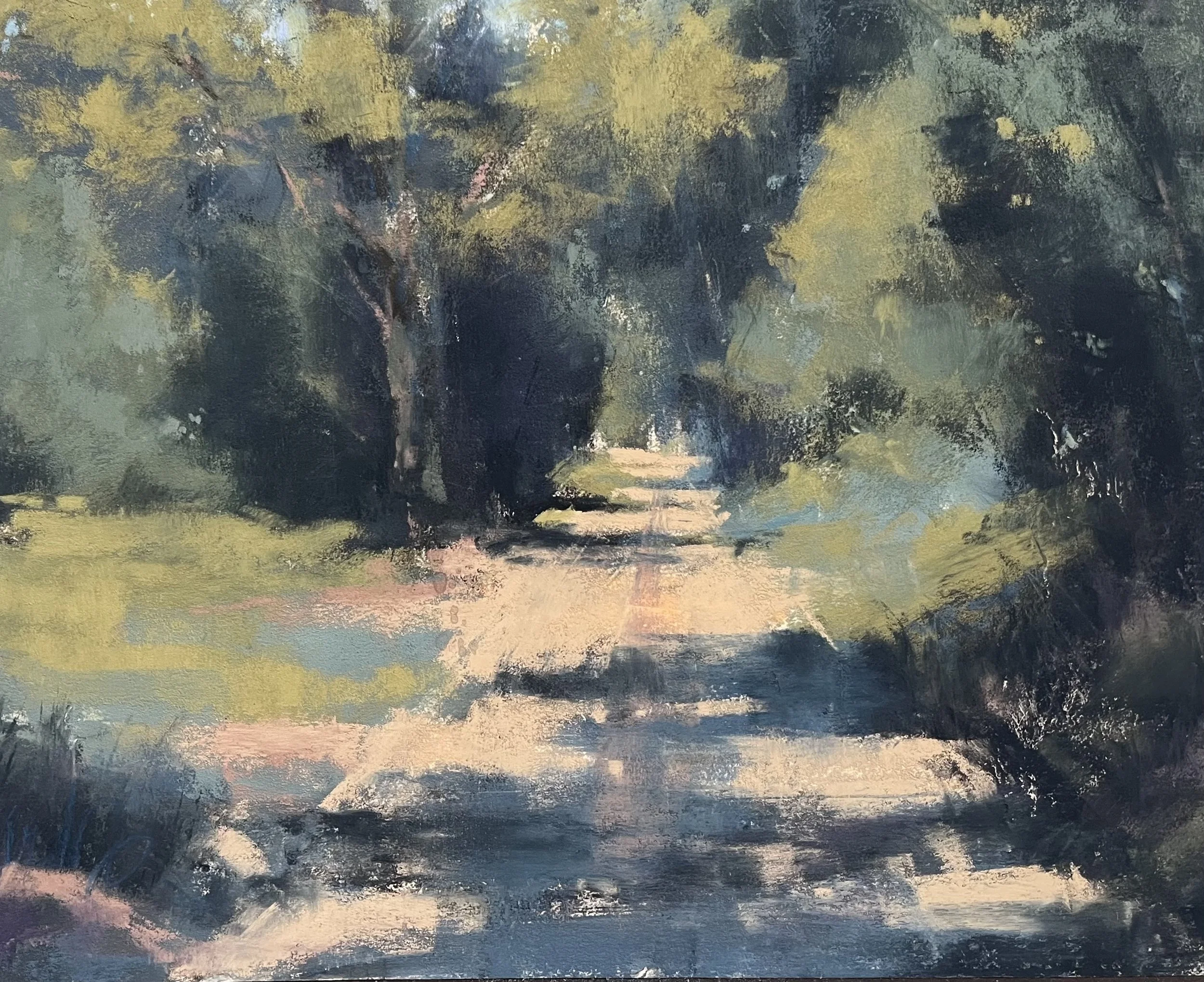 An impressionist painting of a tree-lined country road with sunlight filtering through the leaves.