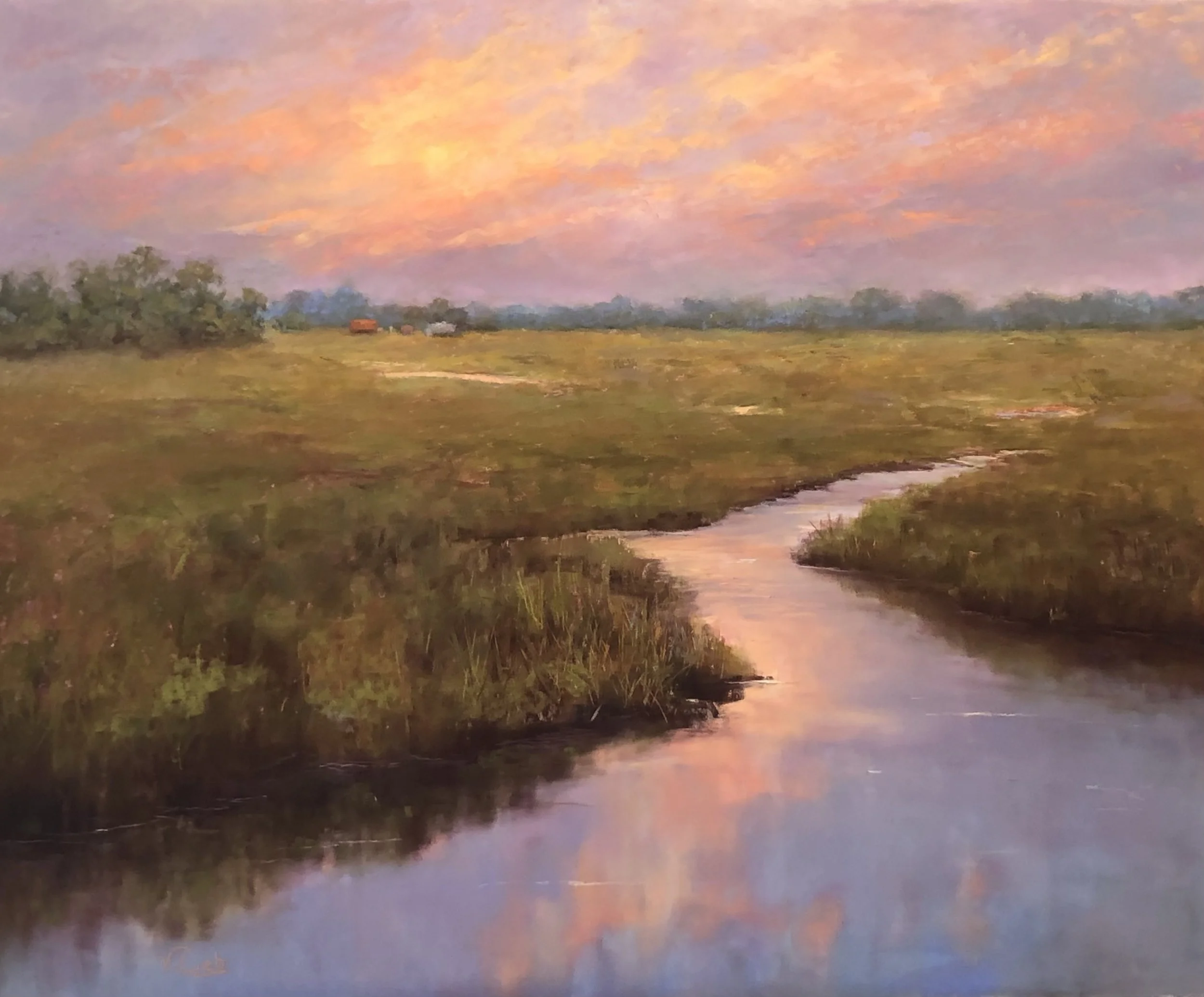 A painting of a peaceful landscape at sunset featuring a winding creek through a grassy field with trees in the background under a pink and orange sky.