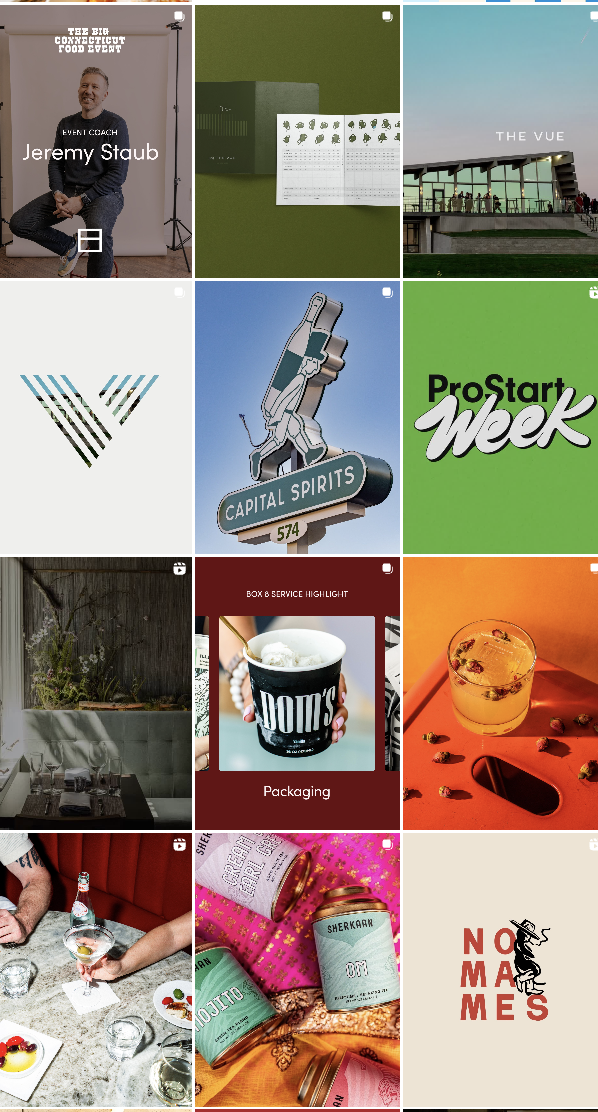 Collage of various images including a man with event coaching background, food event materials, architecture of The Vue building, stylized logo, vintage signage from Capital Spirits, a 'ProStart Week' graphic, an outdoor dining area, coffee packaging, a cocktail, a person's hand at a table, canned beverages on a pink background, and a logo of a mouse with 'No Mames' text.