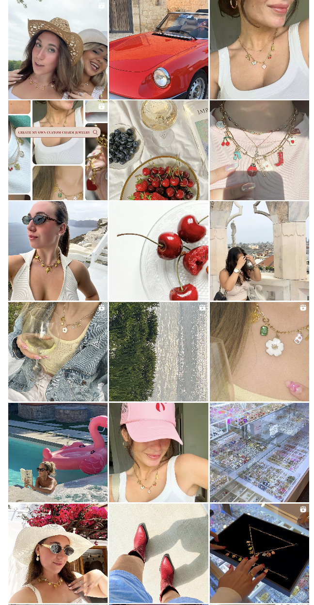 A collage of various photos, including women wearing jewelry, a red sports car, cherries on a plate, a scenic view of water and trees, jewelry displays, a woman in a swimming pool, and a person browsing jewelry at a store.