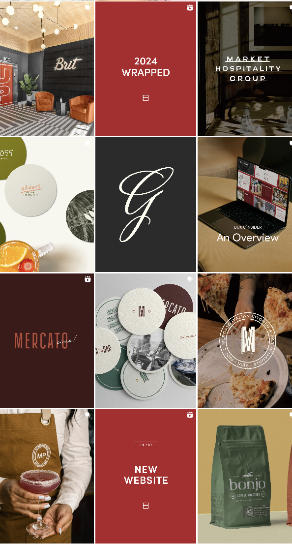 Collage of images related to hospitality, food, and branding, including a cozy interior, a laptop with a menu, pizza, coffee, and branded packaging.