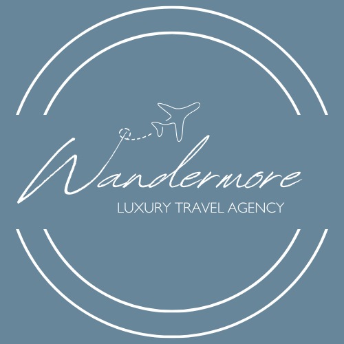 Logo for Wandermore Luxury Travel Agency featuring a stylized airplane, the brand name, and circular lines on a blue background.