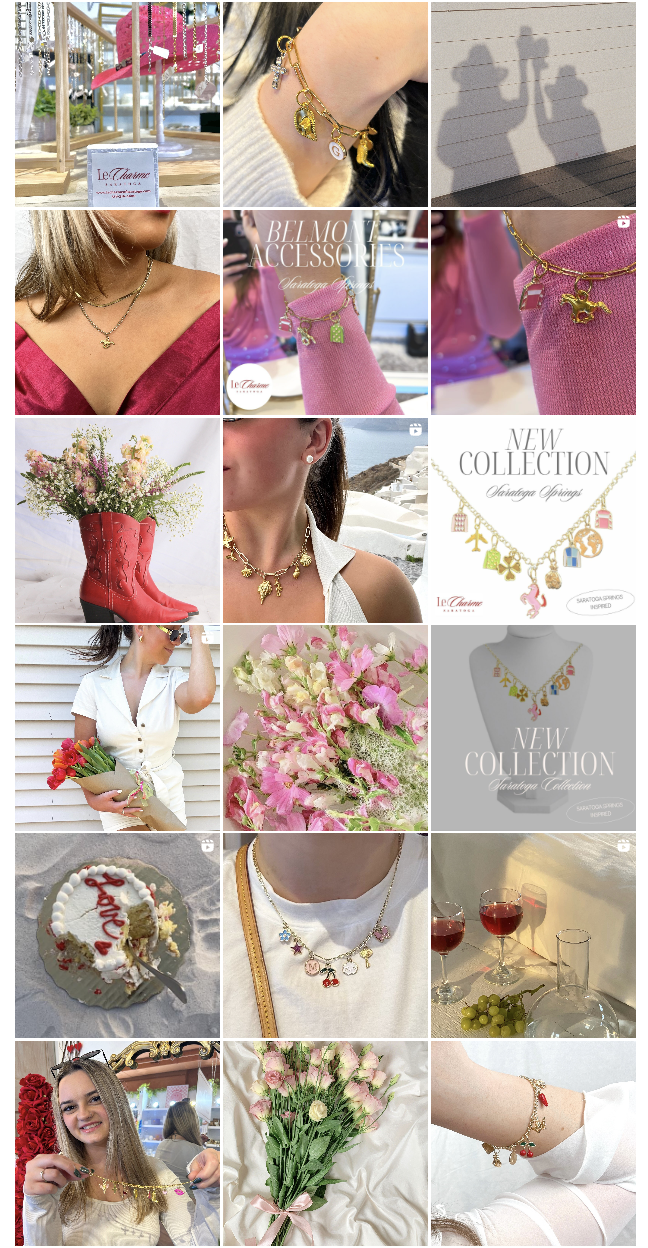 A collage of jewelry, flowers, a birthday cake, and people holding accessories and flowers, with advertisements for jewelry collections and displays of accessories.