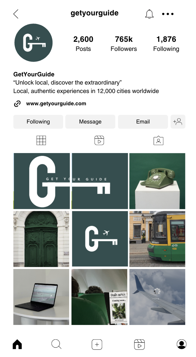 Instagram profile page for GetYourGuide, showcasing their logo, a vintage green rotary phone, green door with ornate details, a green tram, a laptop, a magazine on a plane, and an image of an airplane in flight.