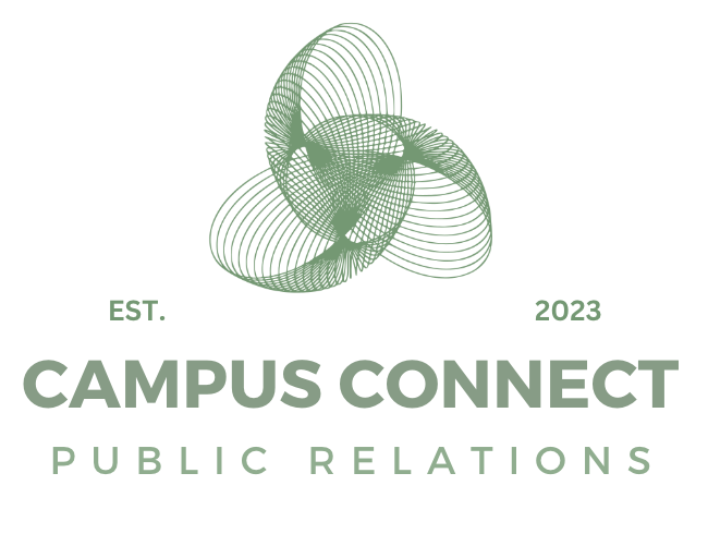 Green geometric logo with interconnected circular lines above the text "EST. 2023 CAMPUS CONNECT PUBLIC RELATIONS" in green.