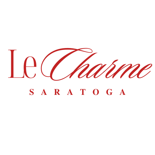 Le Charme Saratoga logo with red text on a white background.