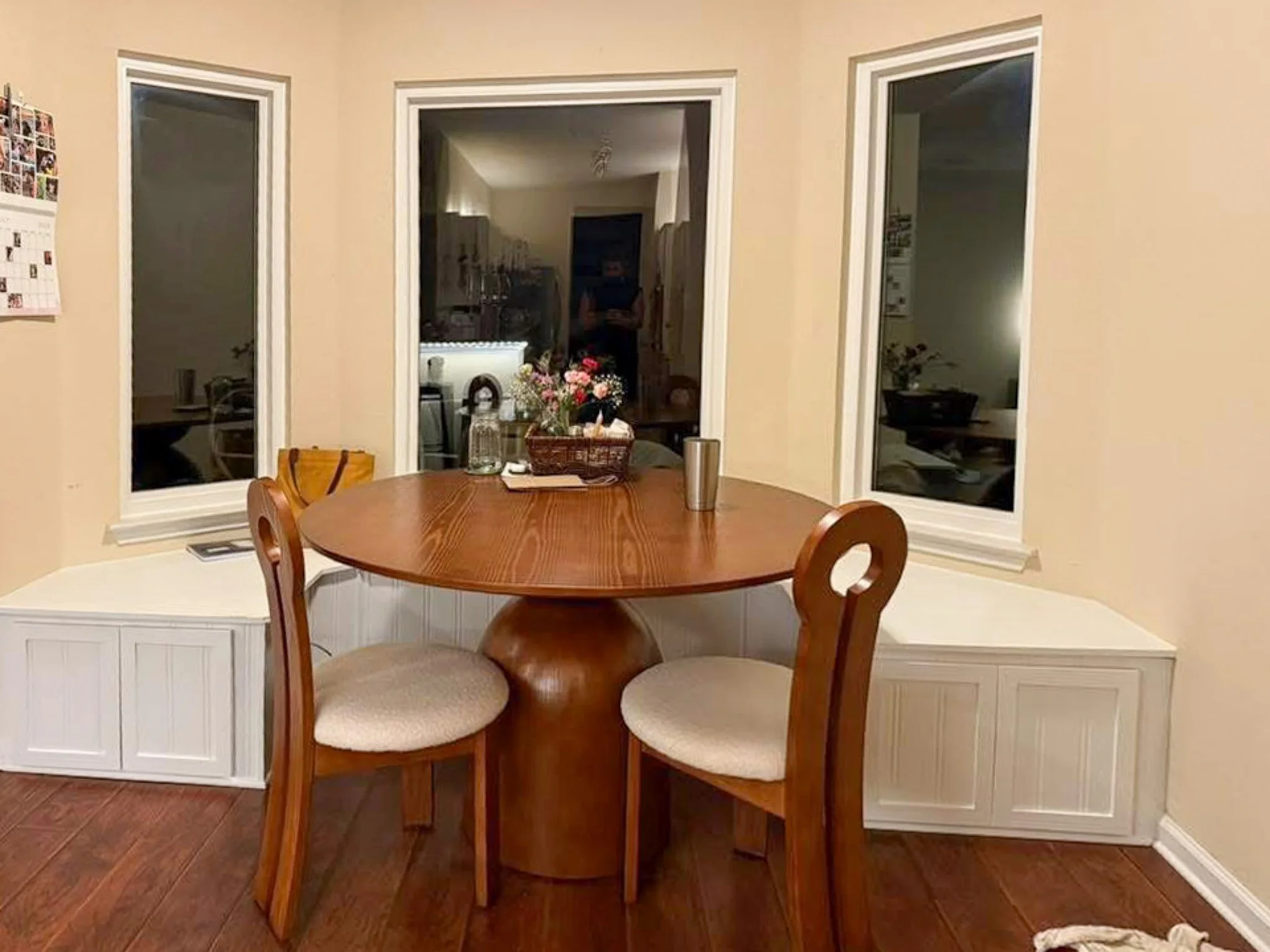 Custom built in bench seating and storage cabinets