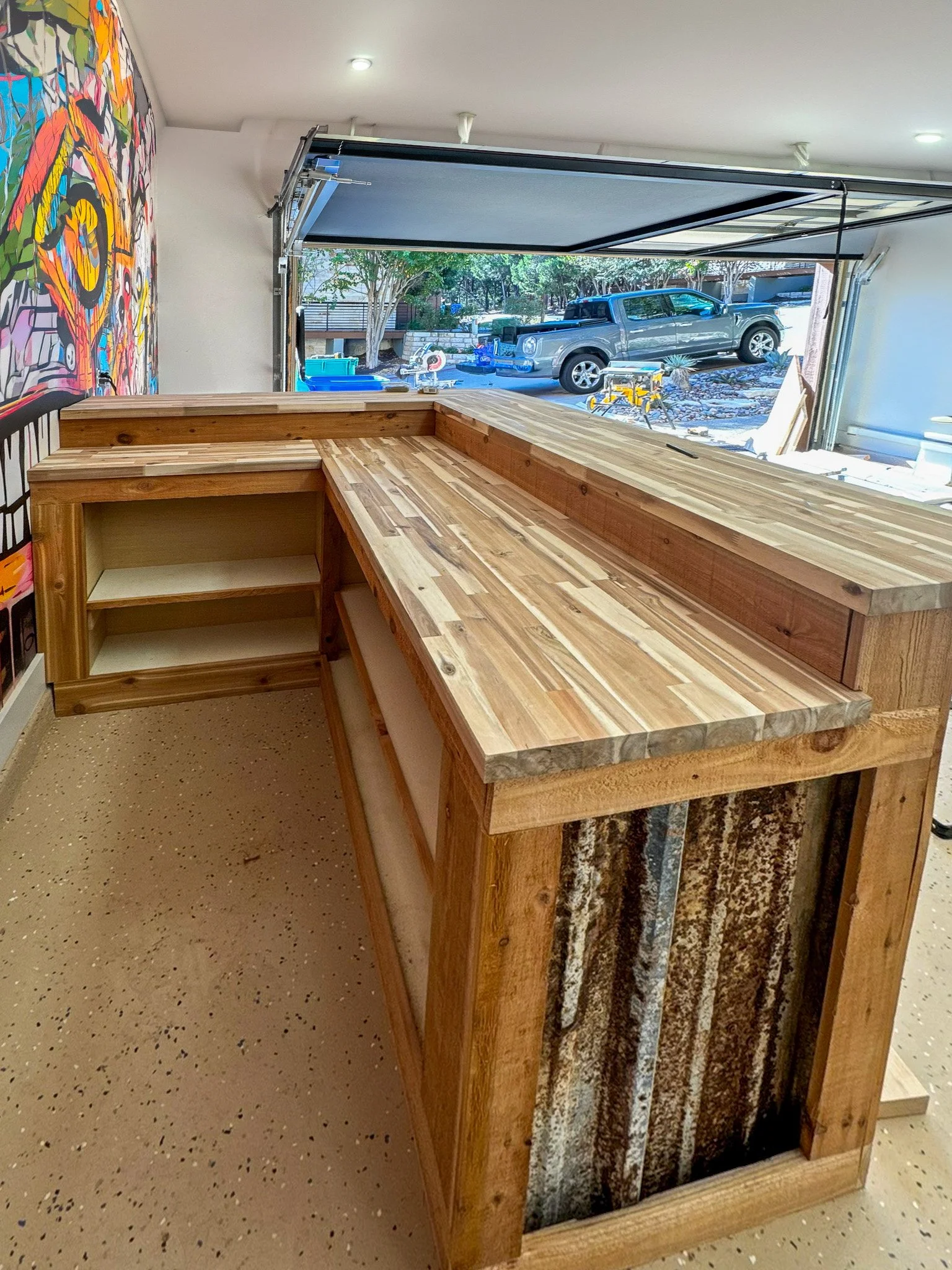 Custom Garage Bar with Distressed Metal and Reclaimed Wood