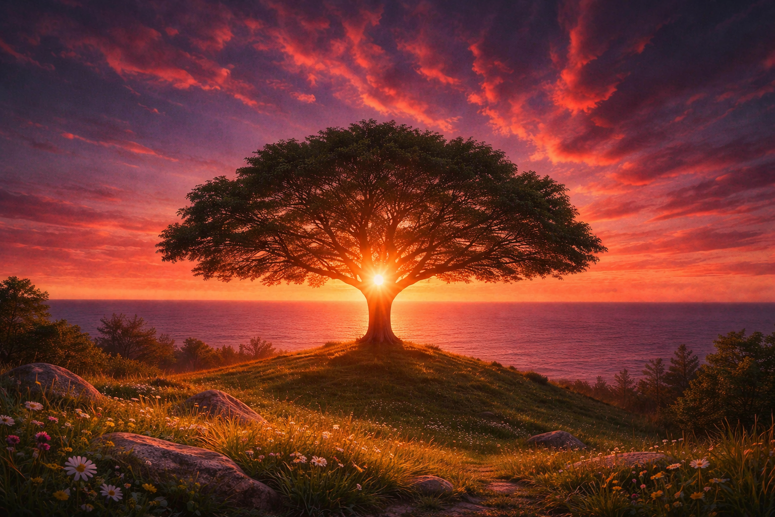A large tree on a grassy hill at sunset with the sun shining through its trunk, overlooking the ocean, with colorful clouds and wildflowers in the foreground.