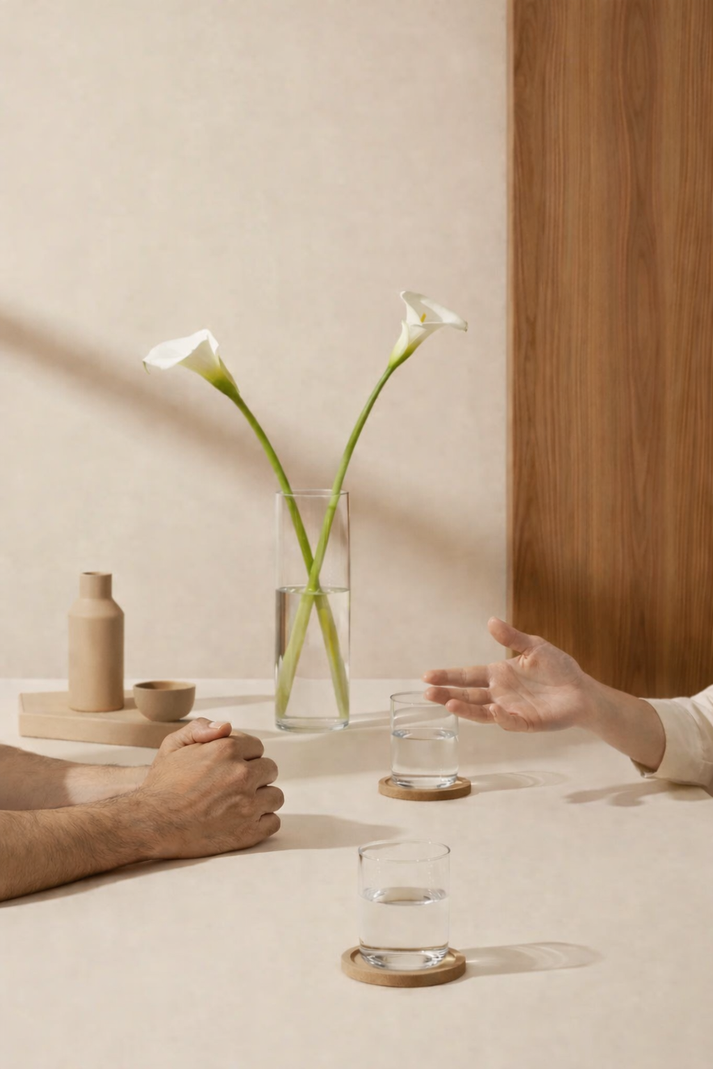 Interior scene with a vase of white calla lilies on a table, two hands reaching toward each other, three glasses of water on coasters, and decorative objects including a beige bottle and bowl, with a beige wall and wooden panel in the background.