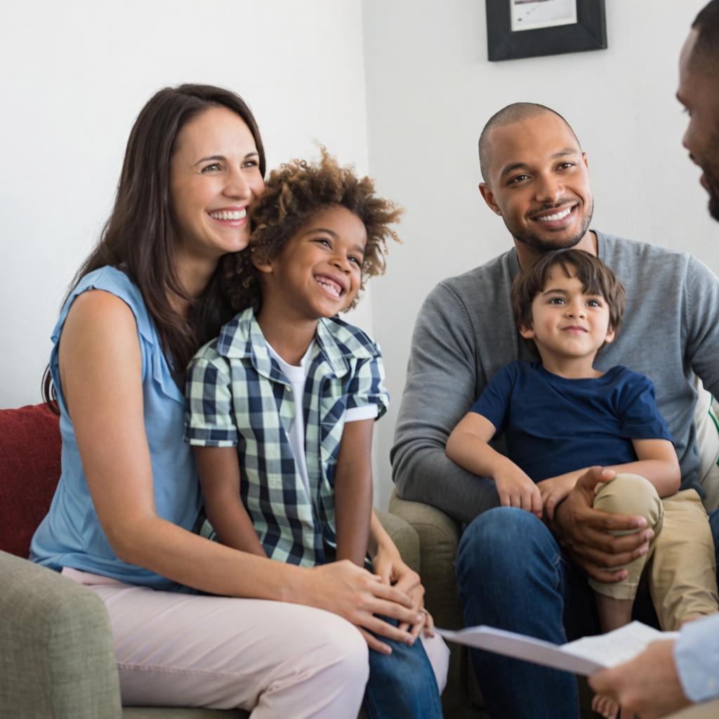 Two adults and two children sitting on a couch, smiling and engaging in a conversation in a living room.