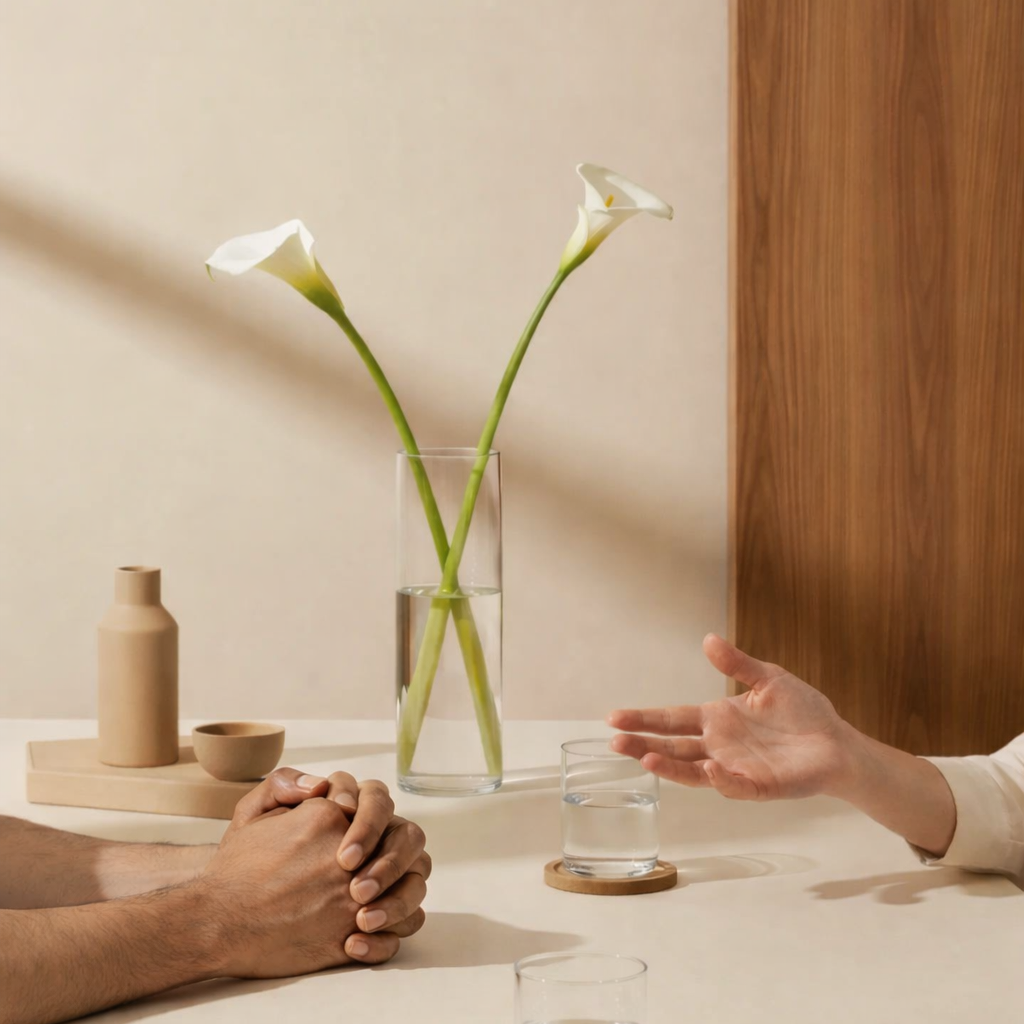 Two people sitting at a table with a vase of white calla lilies in the background, one person has hands clasped together, the other's hand is gesturing, and there are glasses of water and decorative items on the table.