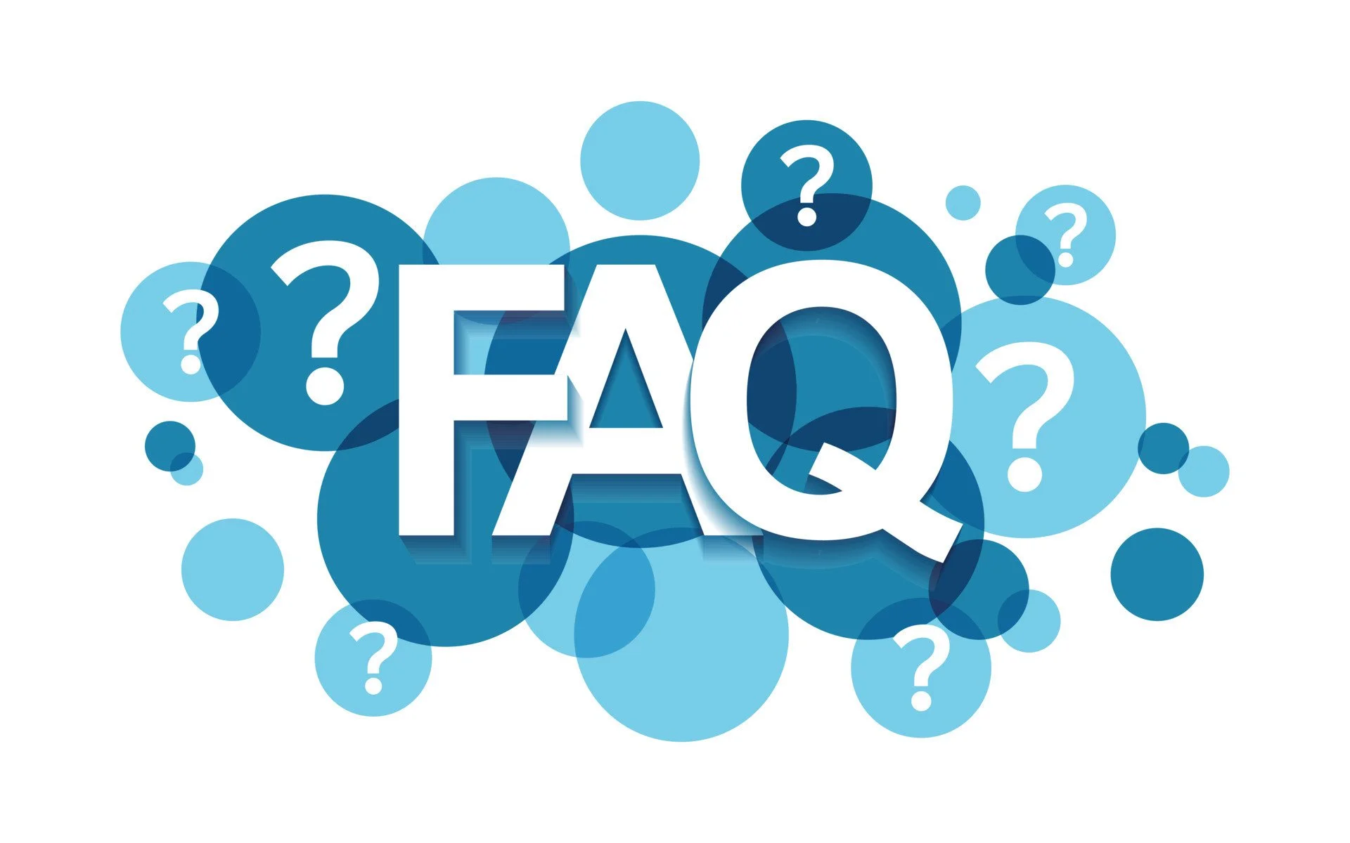 Assorted blue circles and bubbles with the large text 'FAQ' and multiple smaller question marks surrounding it.