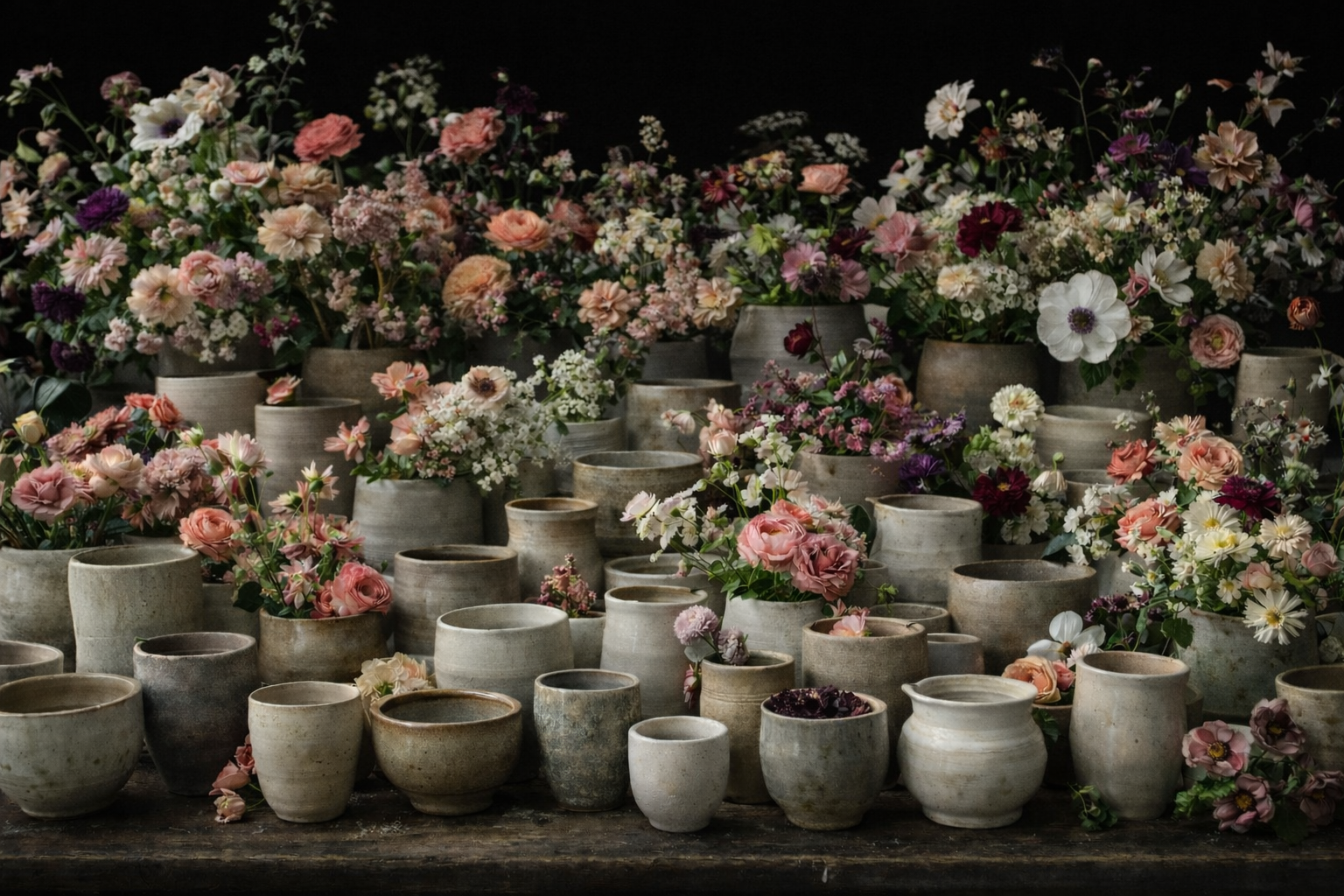 A collection of pottery vases filled with pink, white, and purple flowers on a wooden surface.