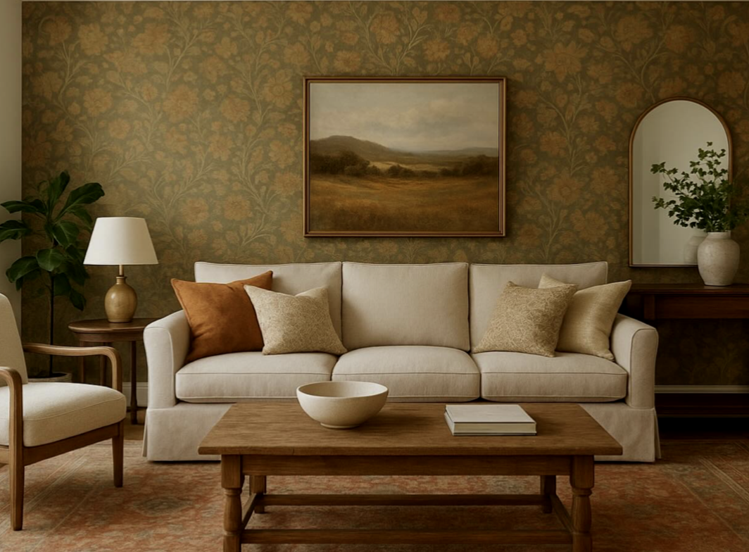 Living room with a beige sofa, throw pillows, a wooden coffee table with a bowl and book, side table with a lamp, wall art, mirror, and potted plant, in warm tones.