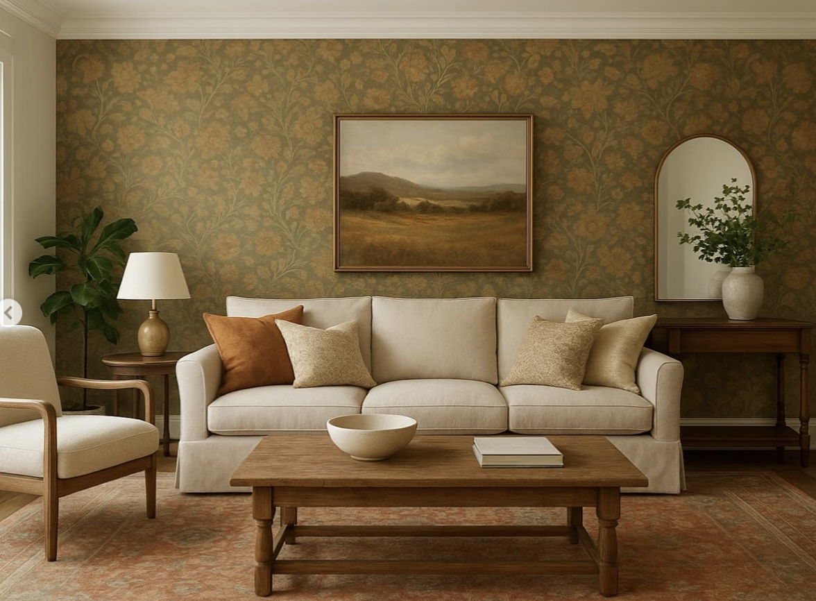 Living room with beige sofa and armchair, wooden coffee table with a white bowl and books, side table with a lamp, painting and mirror on a floral wallpapered wall, potted plant on a wooden console.