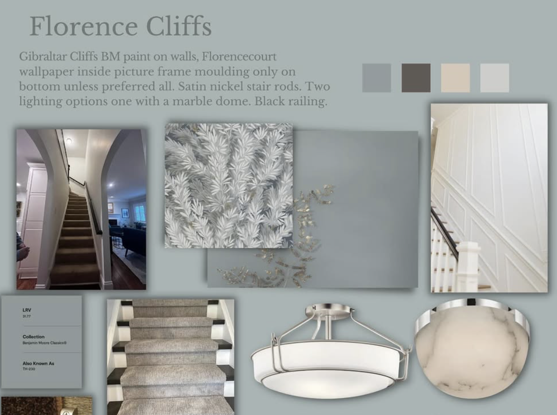 A design board titled 'Florence Cliffs' showing interior decor options including wall paints, wallpaper, staircase carpet, and lighting fixtures with a neutral color palette.