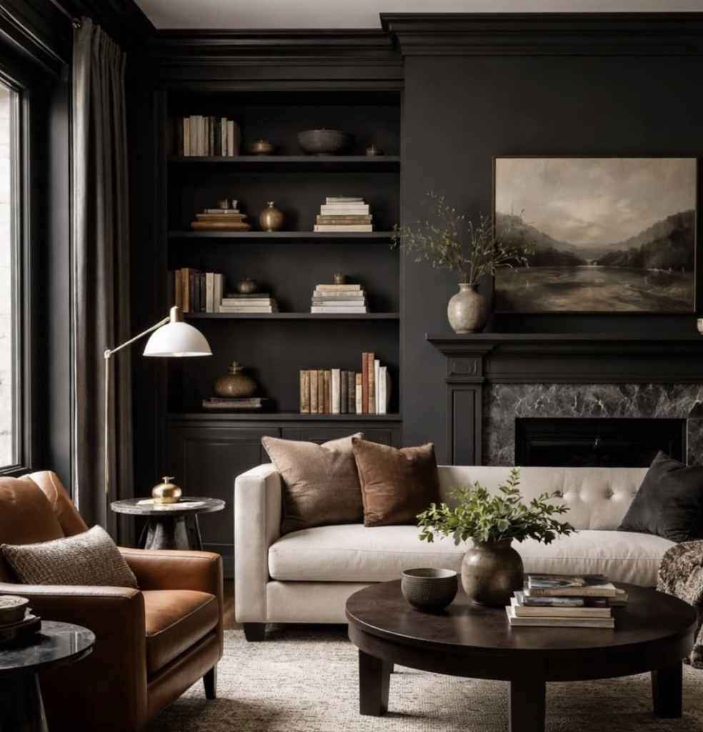 A cozy living room with dark walls, a fireplace, a large painting above the mantel, a white sofa with brown and black pillows, a round wooden coffee table with books and vases, a brown armchair with a pillow, and built-in black bookshelves with books