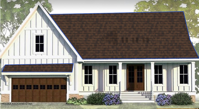 Drawing of a white house with brown shingle roof, front steps, brown front door, and three windows on each side of the door, with bushes and trees in the background.