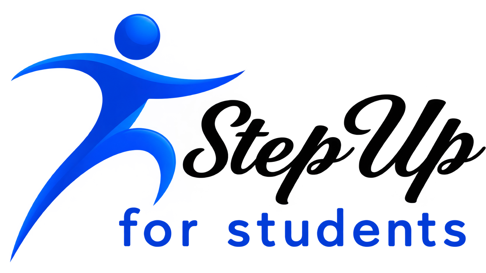 Blue abstract illustration with a stylized figure reaching out, with the text "for students" in blue below.