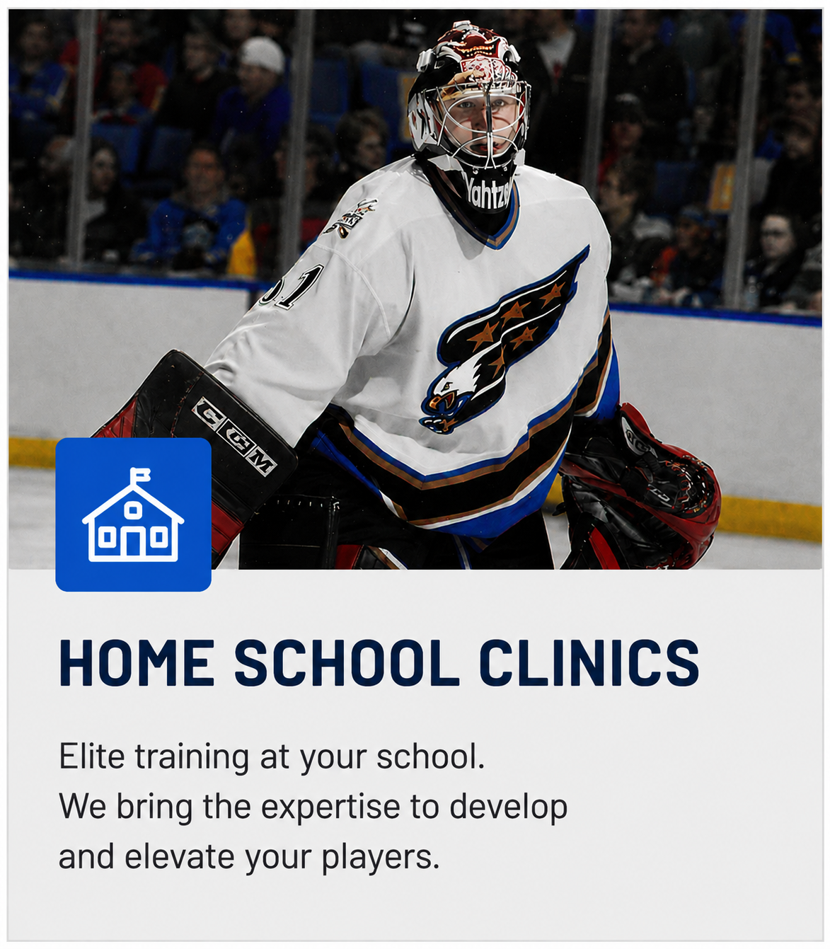 Hockey player in full gear on ice rink, promoting home school clinics for elite training, with text about developing and elevating players.
