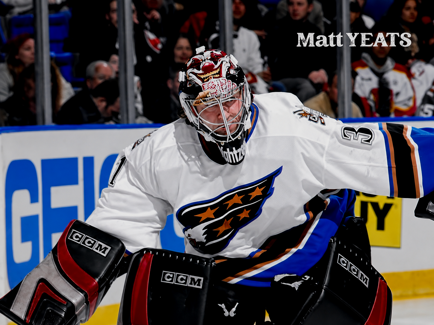 An ice hockey goalie in a white jersey with a logo of an eagle with stars, wearing a decorated helmet, black gloves, and protective gear, in position on the ice rink.