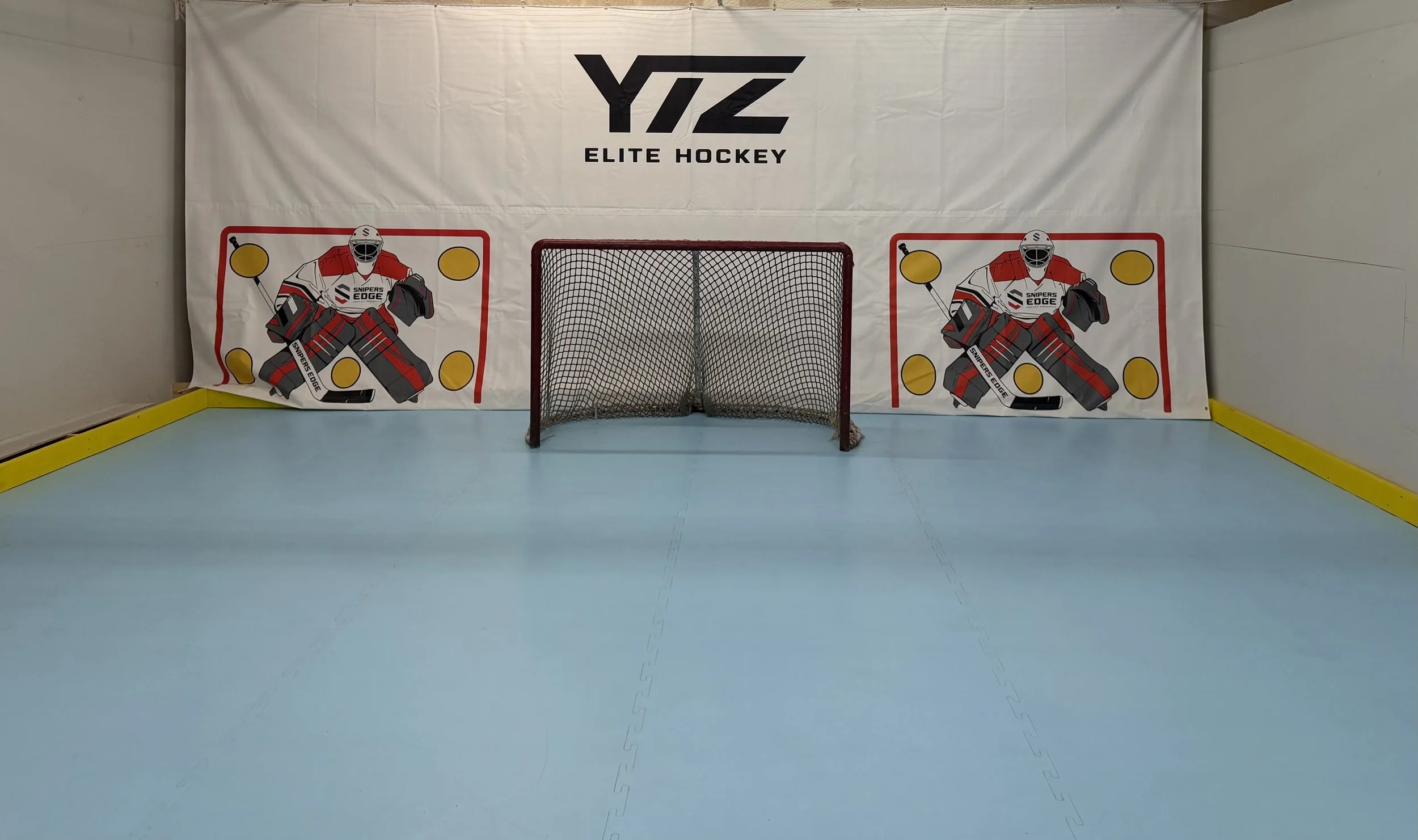An indoor hockey training area with a small goal, a large banner with a hockey logo and the words Elite Hockey, and two cartoon hockey players on either side of the goal, all on a light blue floor.