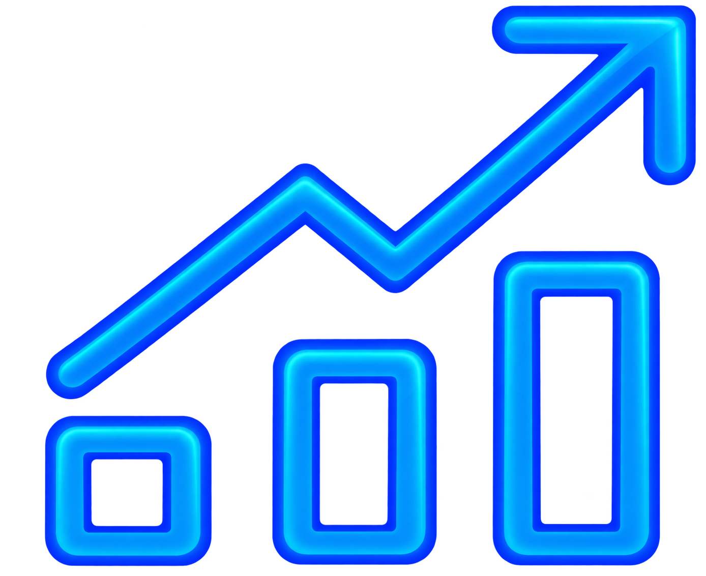 Neon blue line graph with upward trending arrow and three bar charts representing growth.