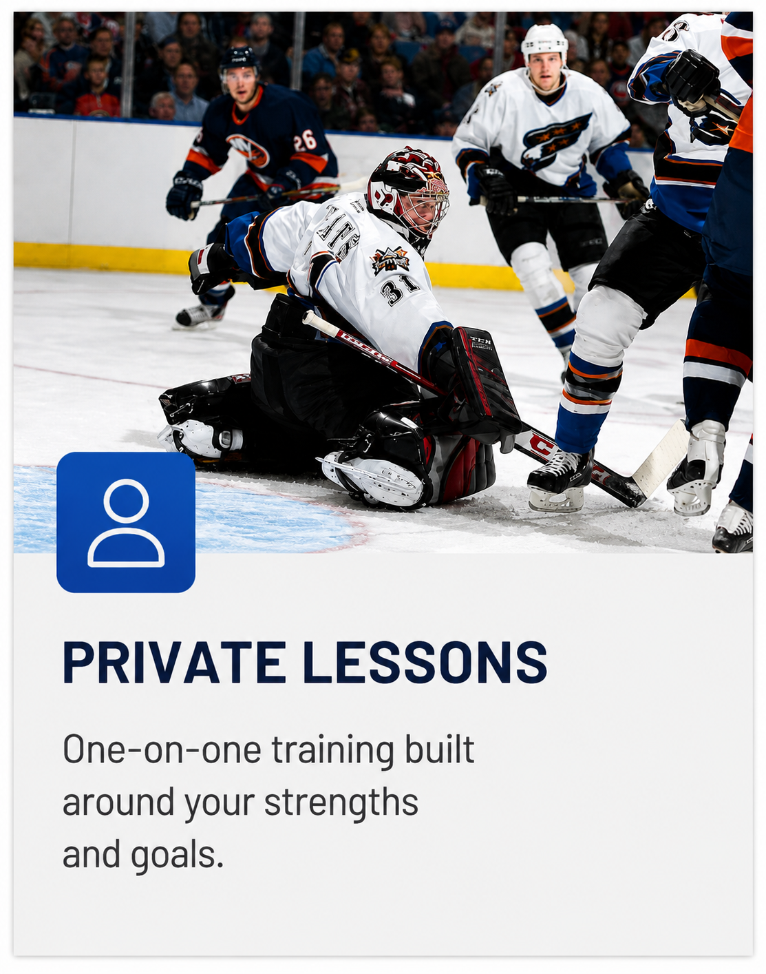 Hockey game scene with players surrounding the goalie on the ice rink, some players are skating, and an audience can be seen in the background. There is a graphic overlay with a blue icon and text advertising private hockey lessons.