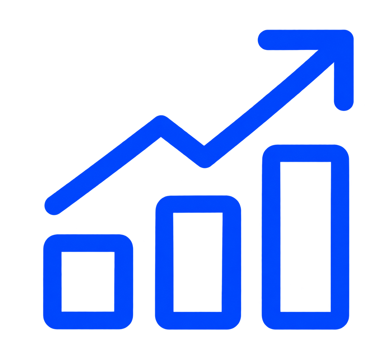 Blue bar chart showing increasing upward trend with a large arrow pointing upward at the end.