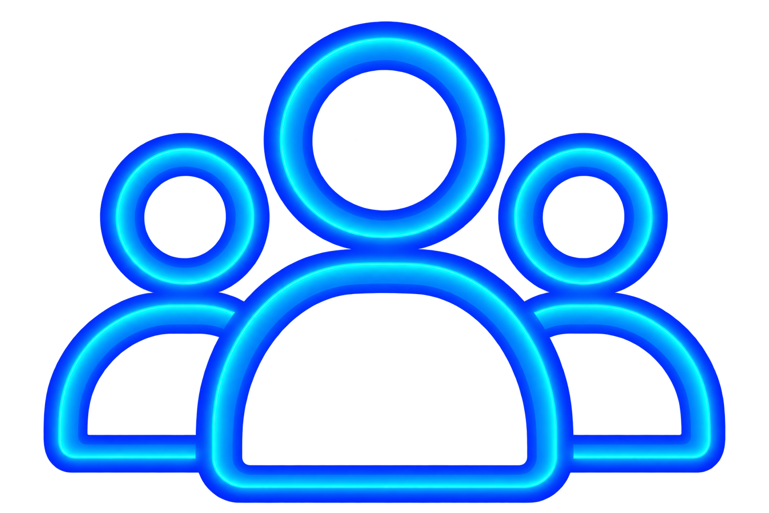 Neon blue illuminated icon of a group of four people, representing community or teamwork.