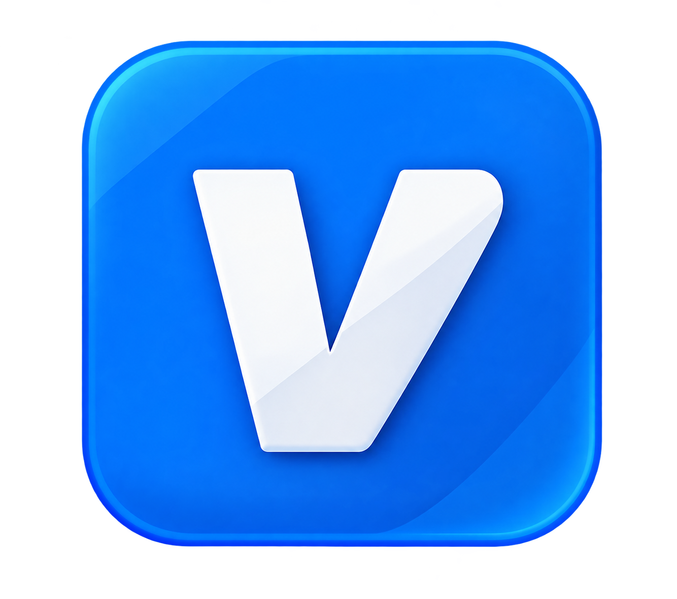 Blue app icon with a white letter V in the center.