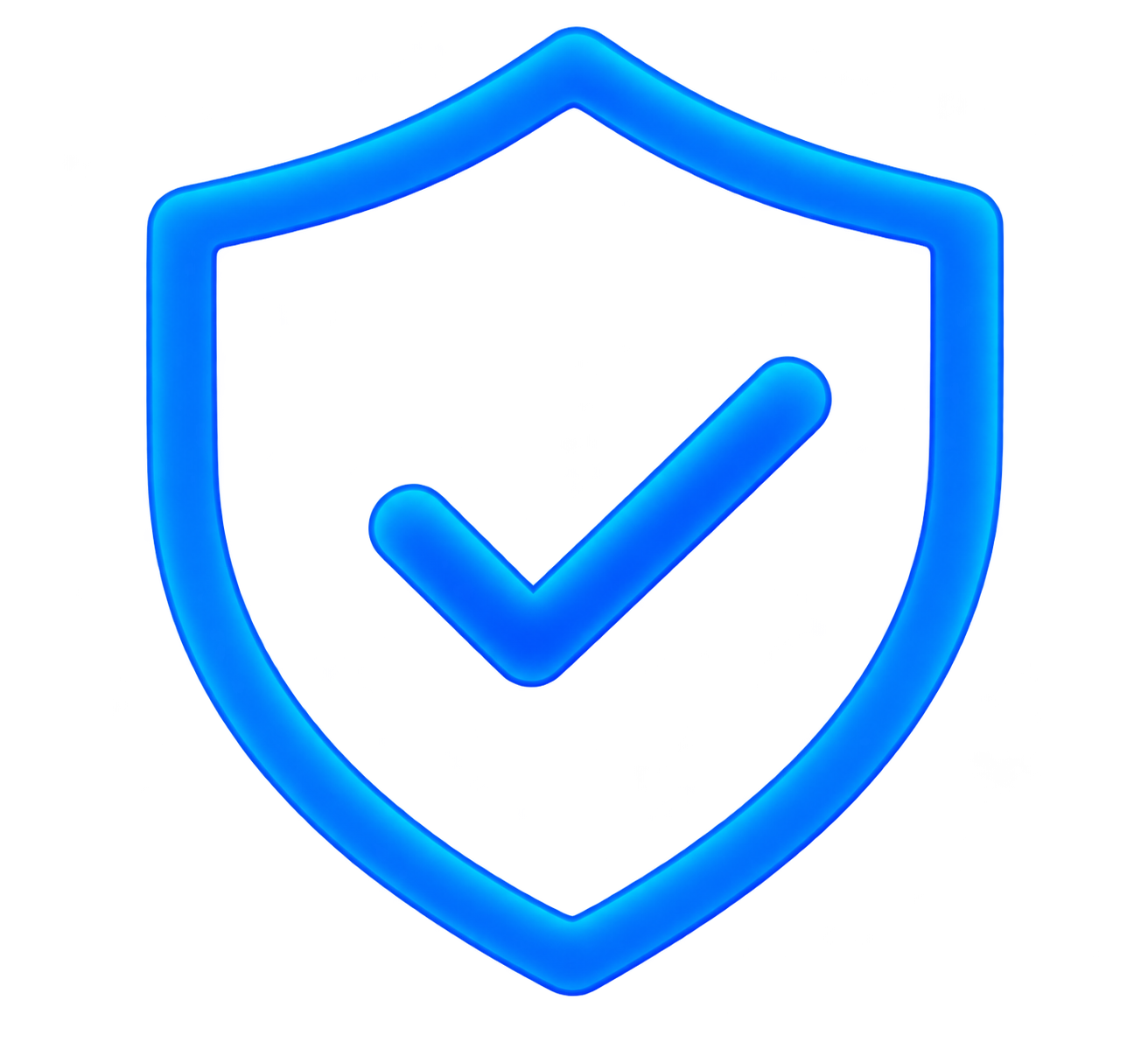 A neon blue shield symbol with a check mark in the center, representing security or protection.