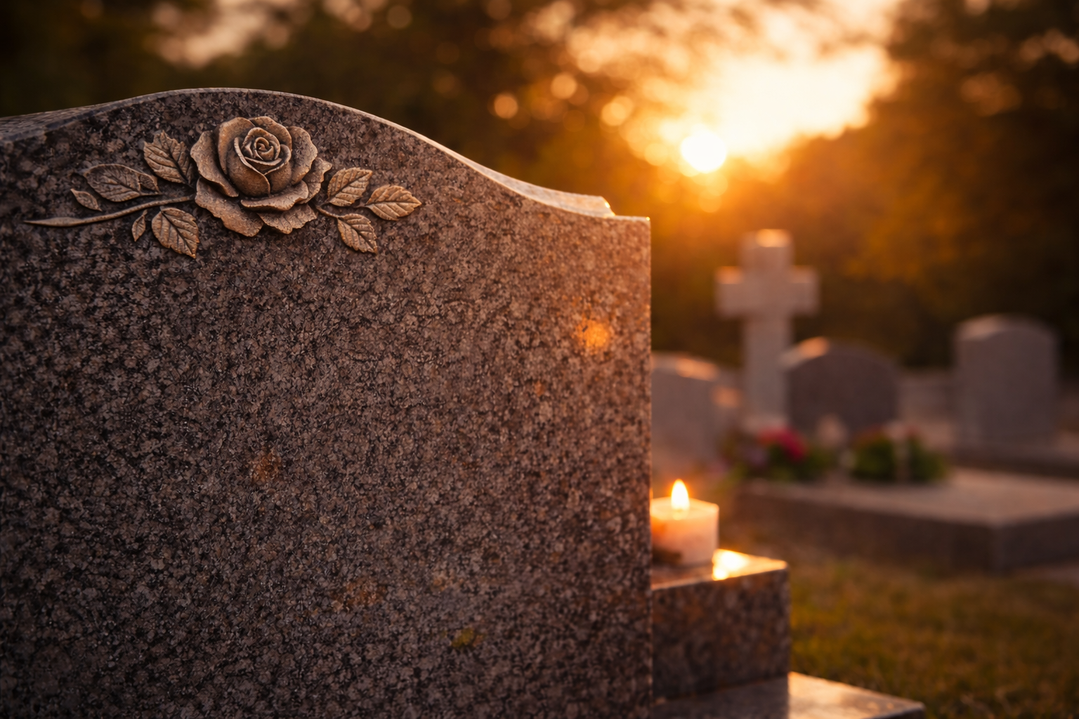 Gravestone with a floral carving at the top, illuminated by a candle, in a cemetery at sunset