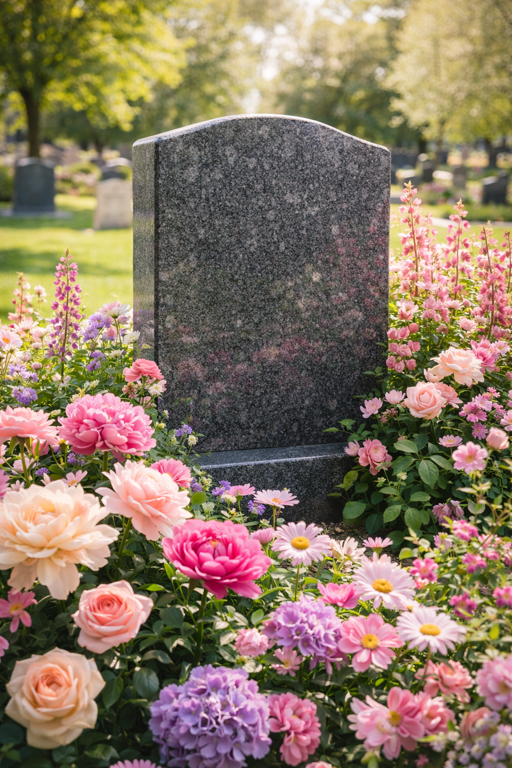 A gray granite gravestone surrounded by colorful pink, purple, and peach flowers in a cemetery with green trees in the background.