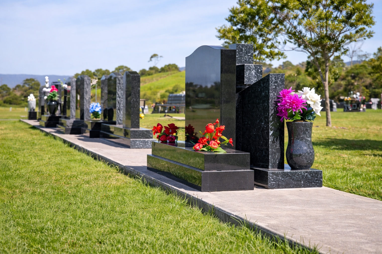 Row of black granite headstones at a cemetery with colorful flowers in vases, green grass, trees, and a blue sky in the background.