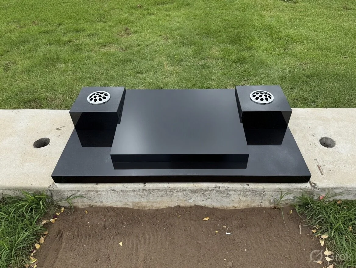 Black granite monument with two circular metal plaques on top, situated on a concrete base outdoors, with grass and soil around.