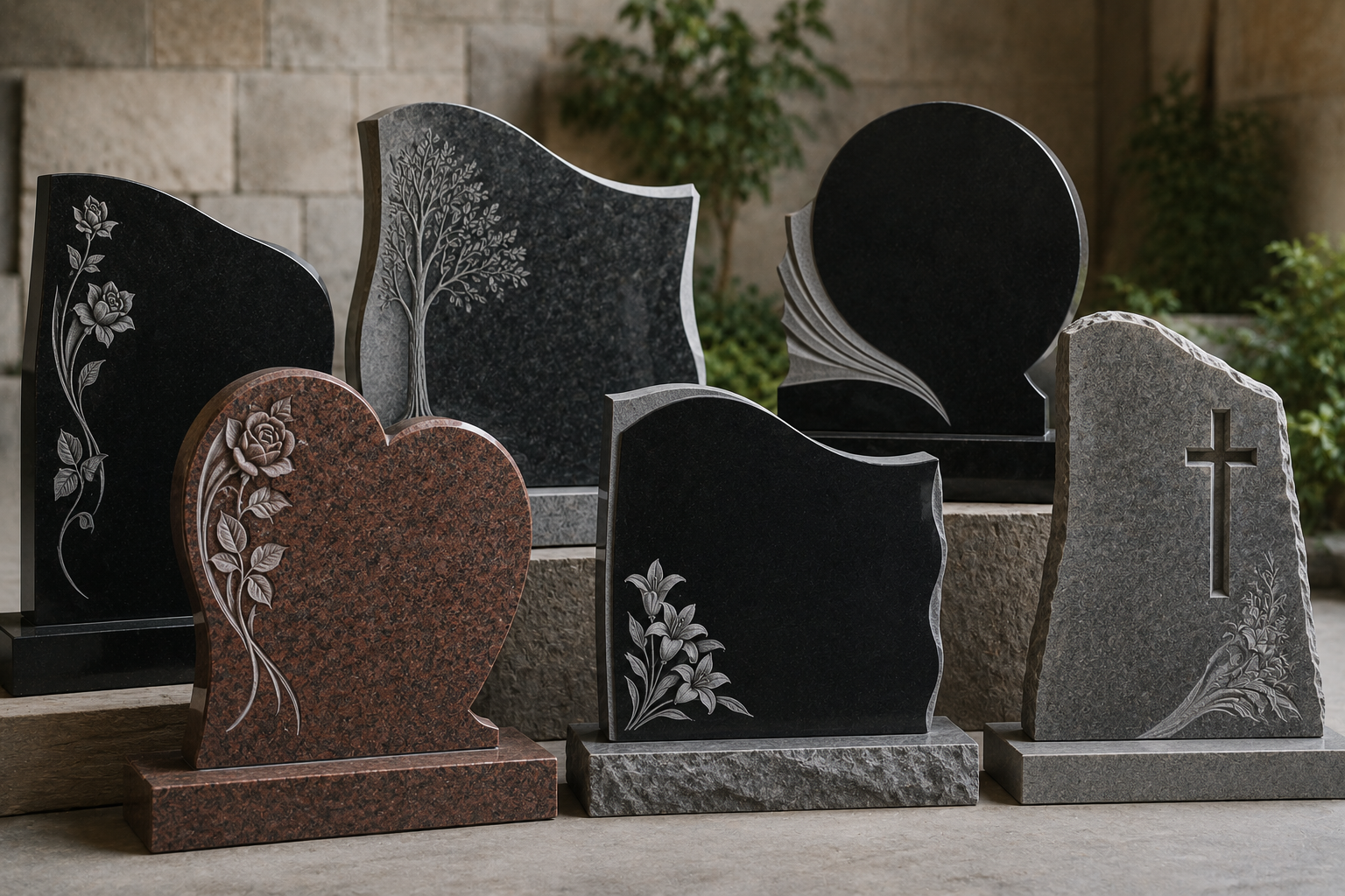 Multiple granite headstones with engraved floral and religious symbols at a cemetery.
