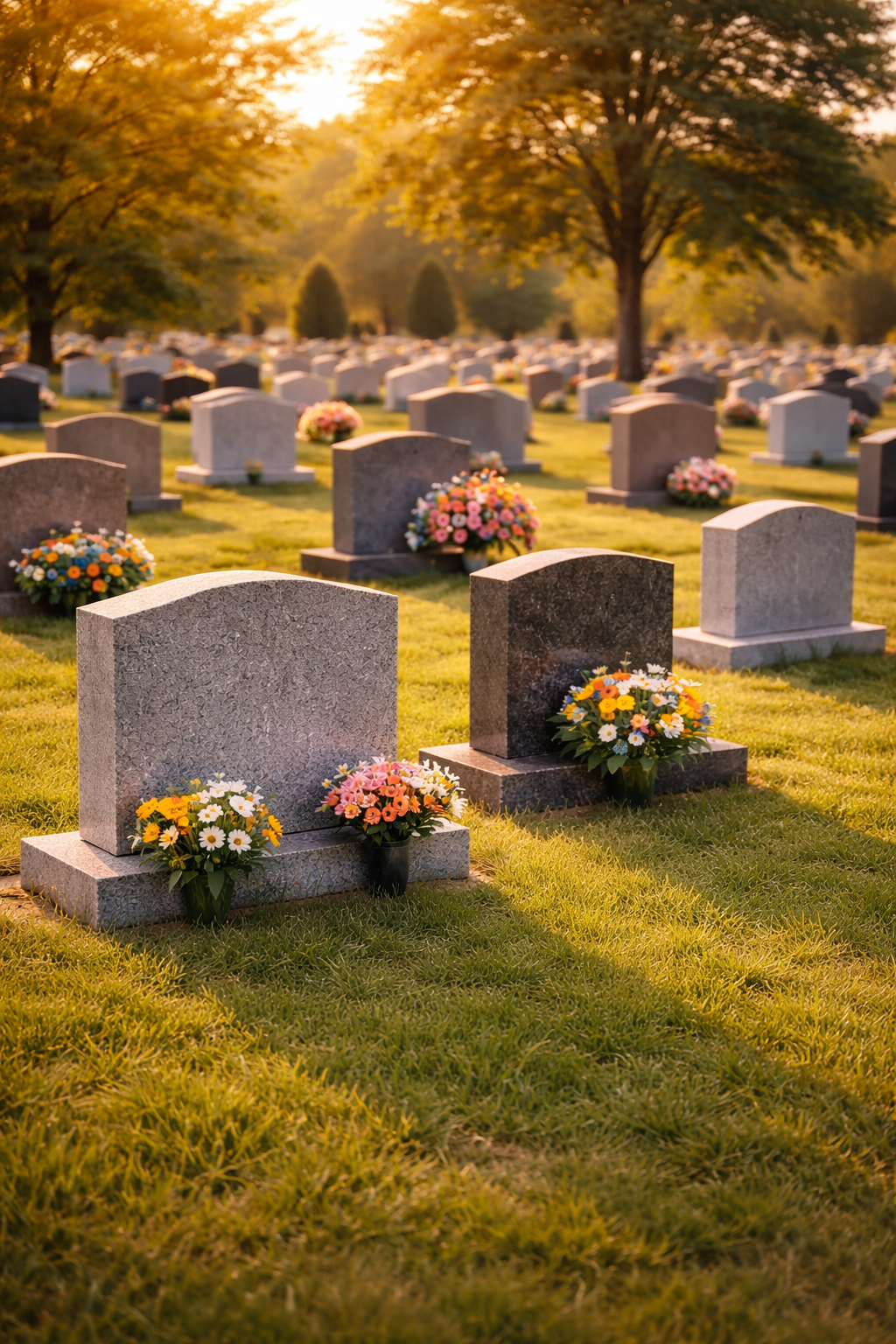 Gravestones in a cemetery with colorful flower arrangements, trees, and sunlight in the background.