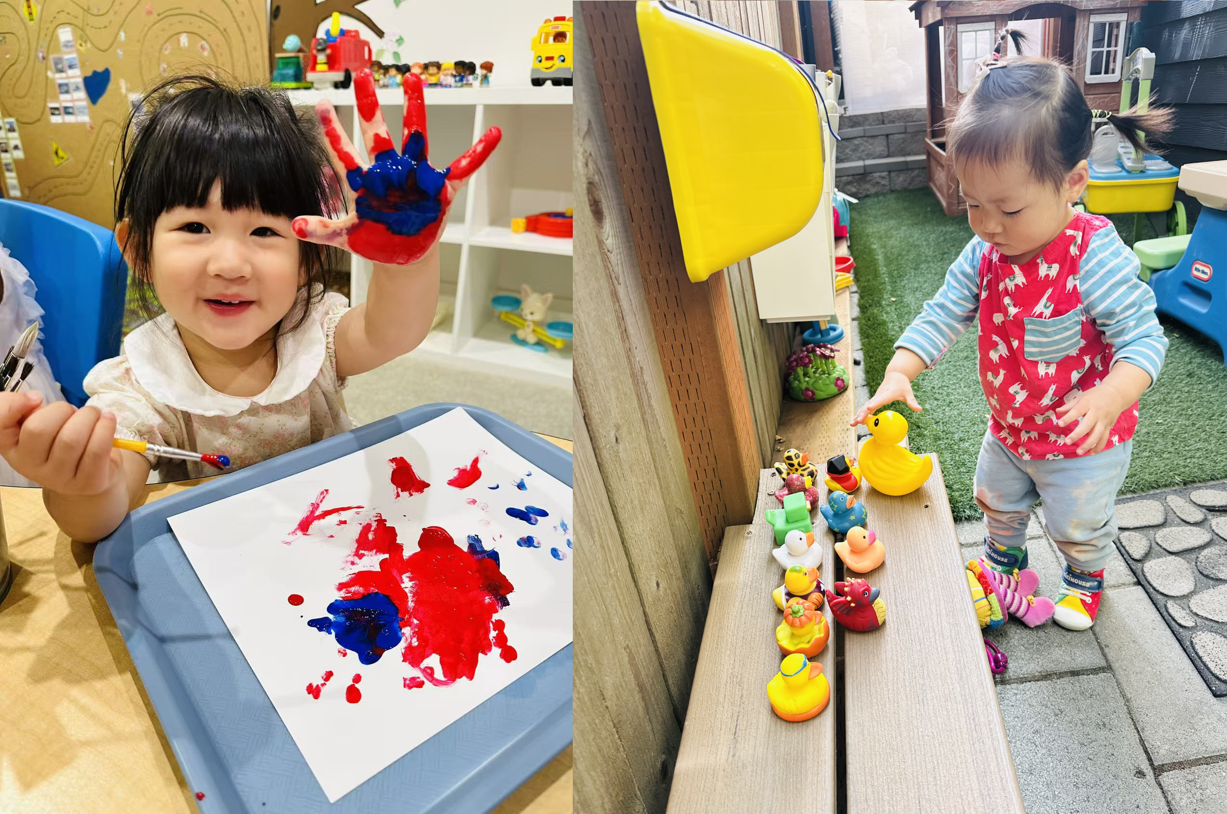 Toddlers explore through art and play, finger painting indoors and arranging toys outdoors.
