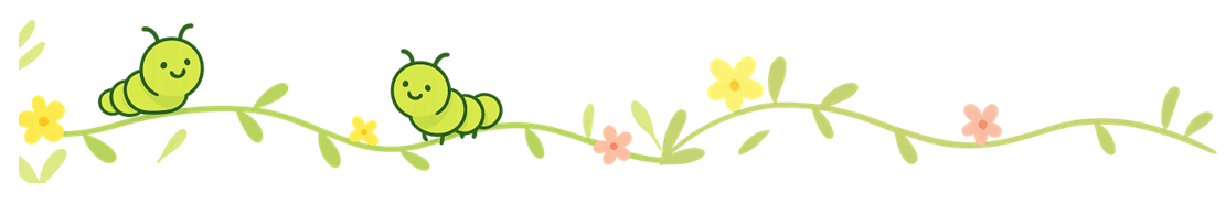 A cute illustration of smiling green caterpillars crawling along a leafy vine with small flowers.