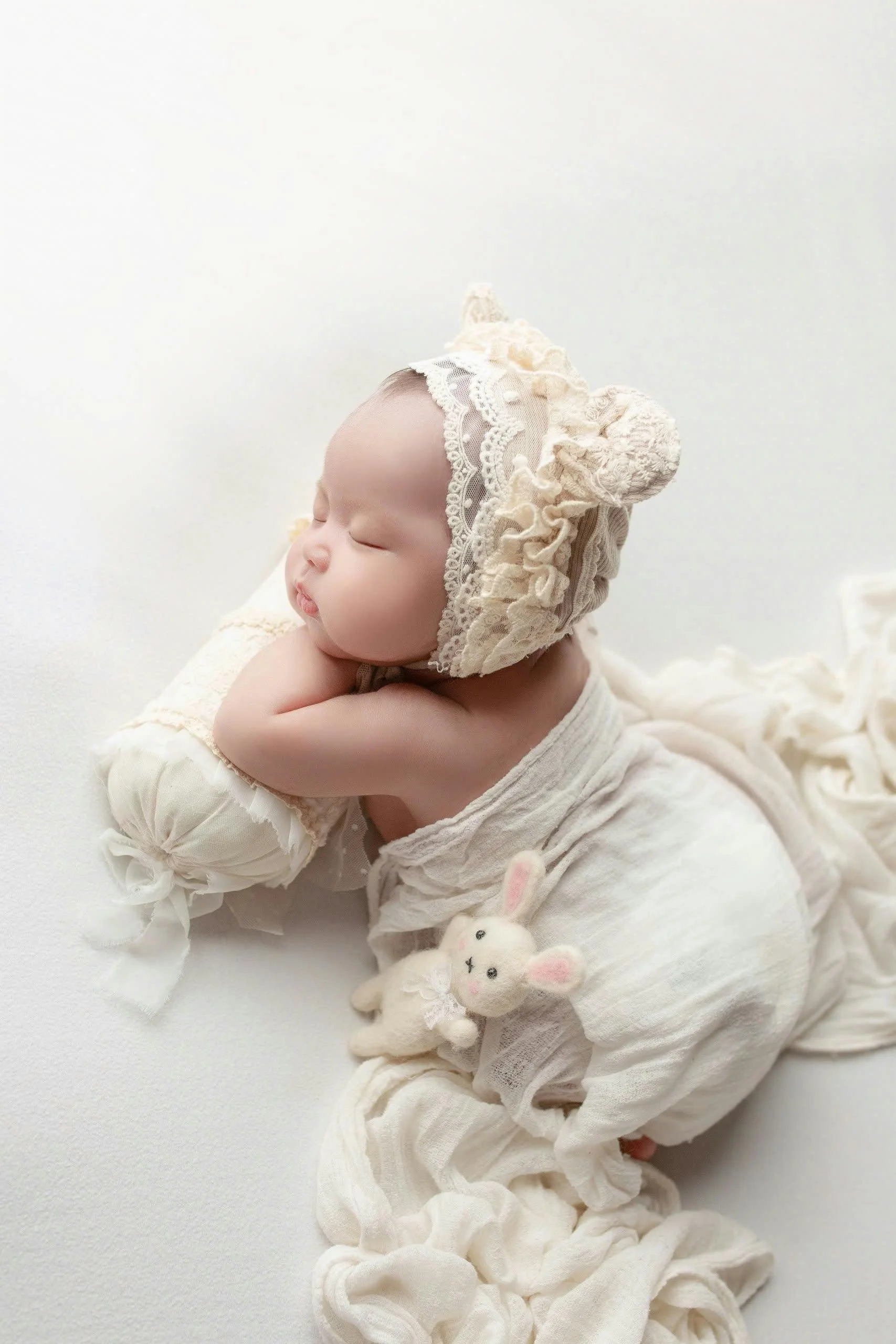 Baby sleeping with cream-colored bonnet and blanket, holding a small plush bunny, on a white surface.
