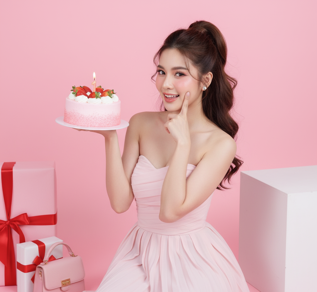 A young woman in a pink strapless dress holding a strawberry cake with a lit candle, smiling and posing on a pink background with gift boxes around her.