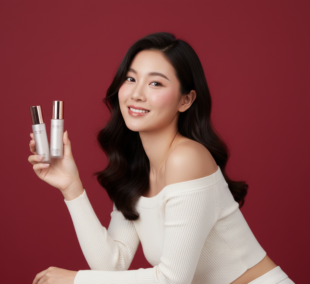 A woman with long dark hair, wearing an off-the-shoulder white sweater, holding two skincare product bottles, smiling, against a red background.