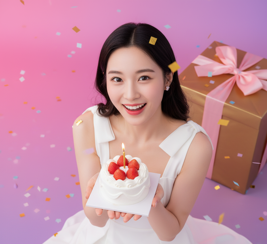 A young woman with dark hair smiling and holding a small birthday cake with strawberries and a lit candle, celebrating a birthday with confetti and a gold gift box with a pink ribbon in the background.
