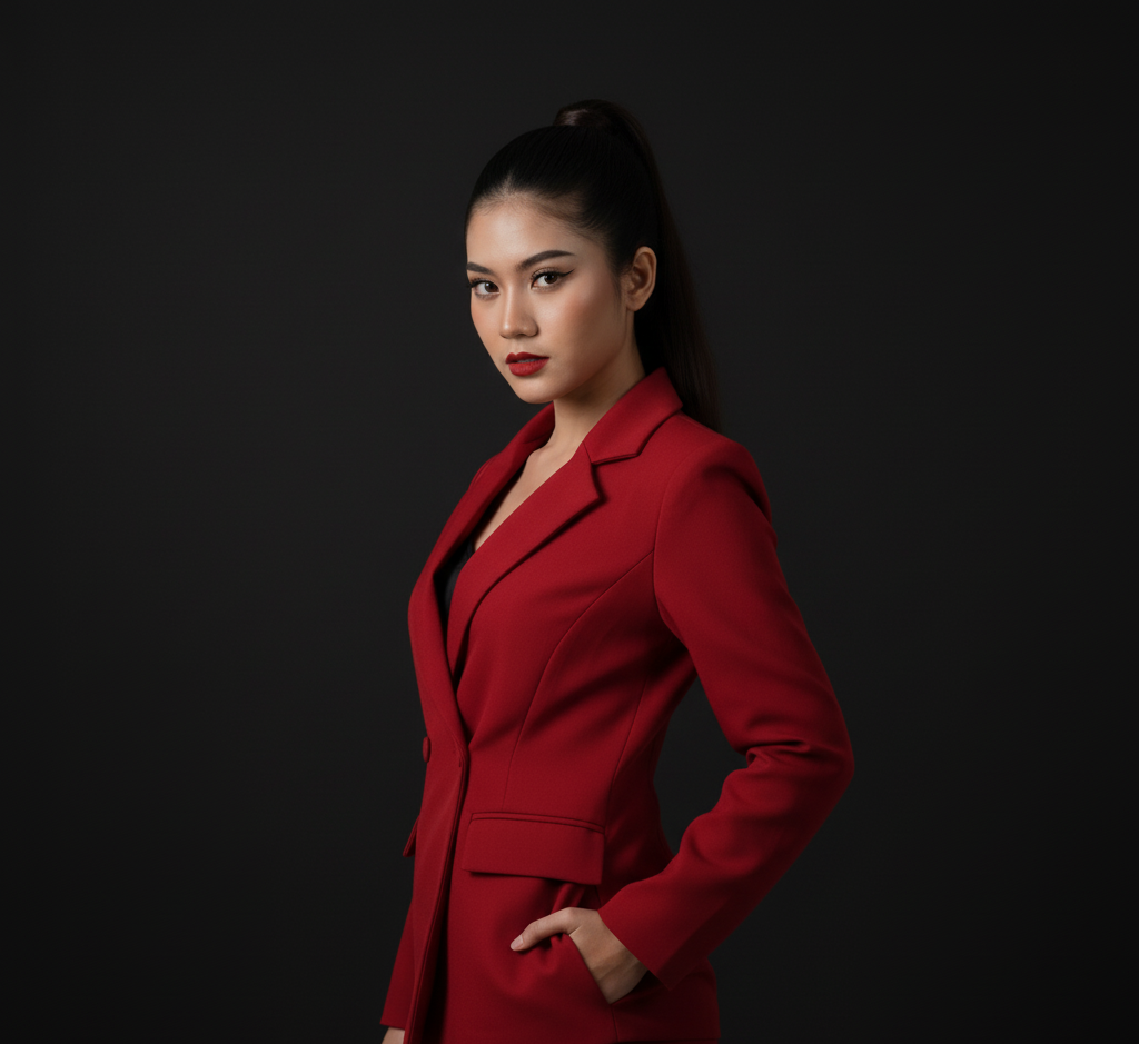 A woman with long black hair in a high ponytail wearing a red blazer and matching pants, standing against a black background, looking at the camera with a confident expression.
