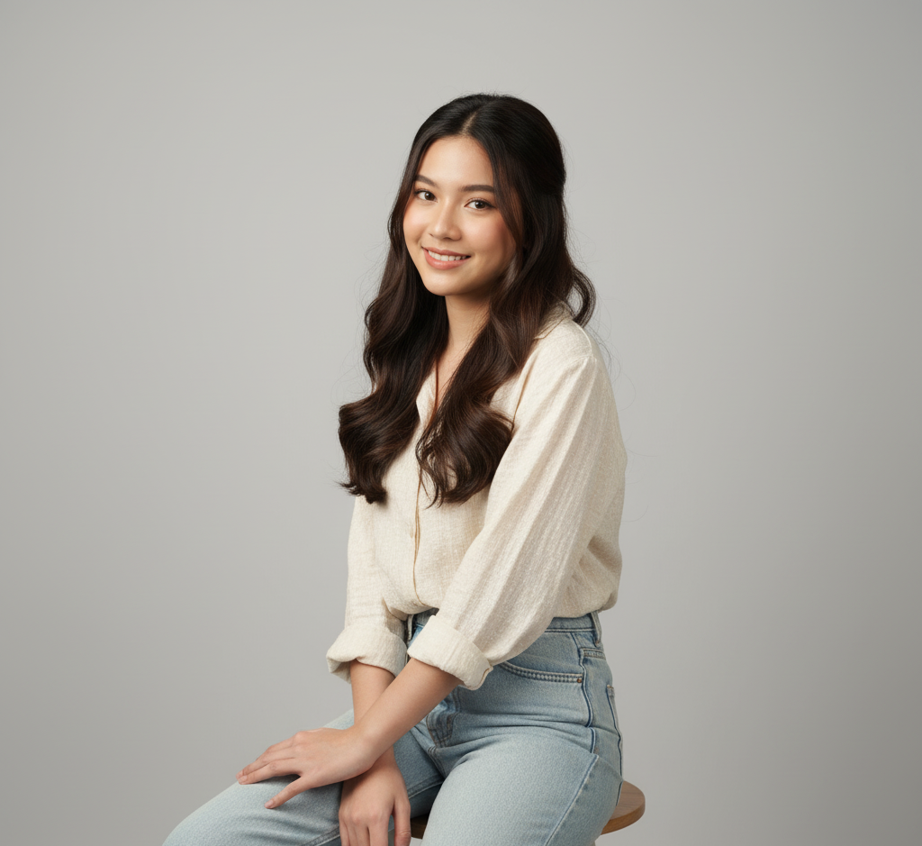 Young Asian woman with long dark wavy hair smiling while sitting on a stool against a plain gray background.