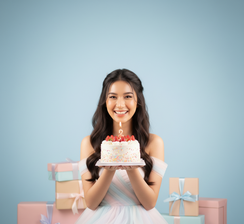 A young woman in a pastel-colored dress holding a birthday cake with a lit candle, smiling, with wrapped gifts in the background against a light blue wall.