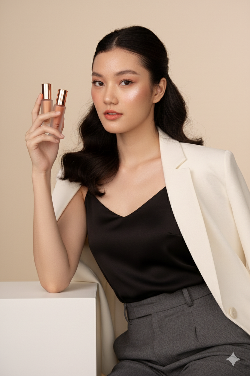 A woman with dark wavy hair holding two bottles of foundation, dressed in a black top, white blazer, and gray pants, with a neutral background.